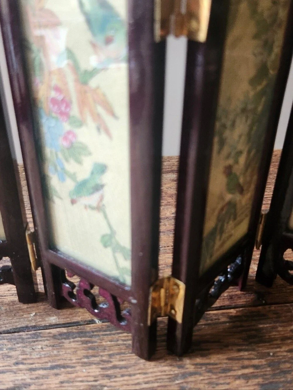 Decorative Four-Panel Mini Folding Screen - Brown with Floral & Bird Panels